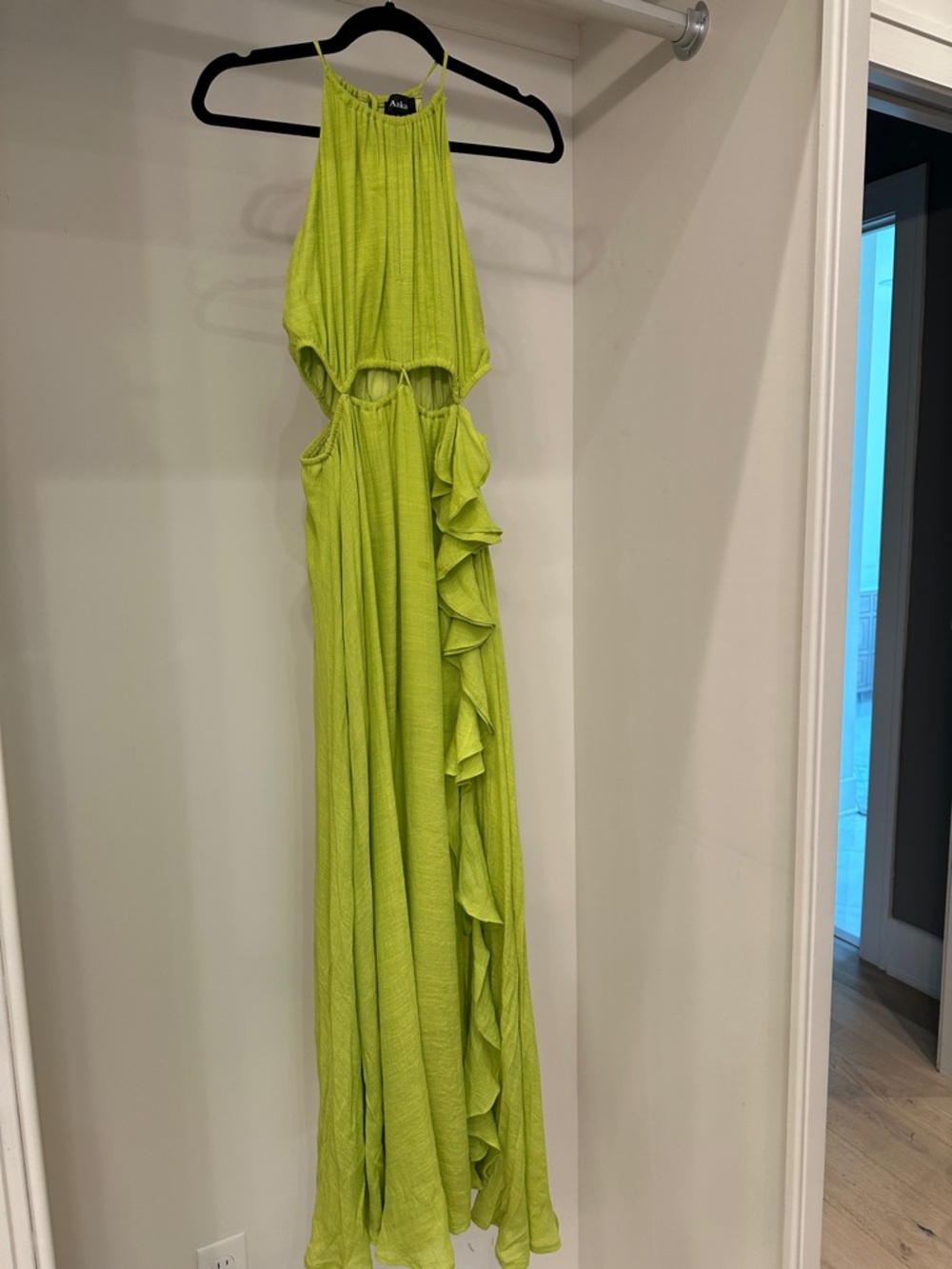 Aakaa  small Lime Green Textured Halter Dress with Tassel.  Like new